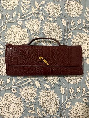 Women's Burgundy Snakeskin-Texture Clutch with Gold Accent